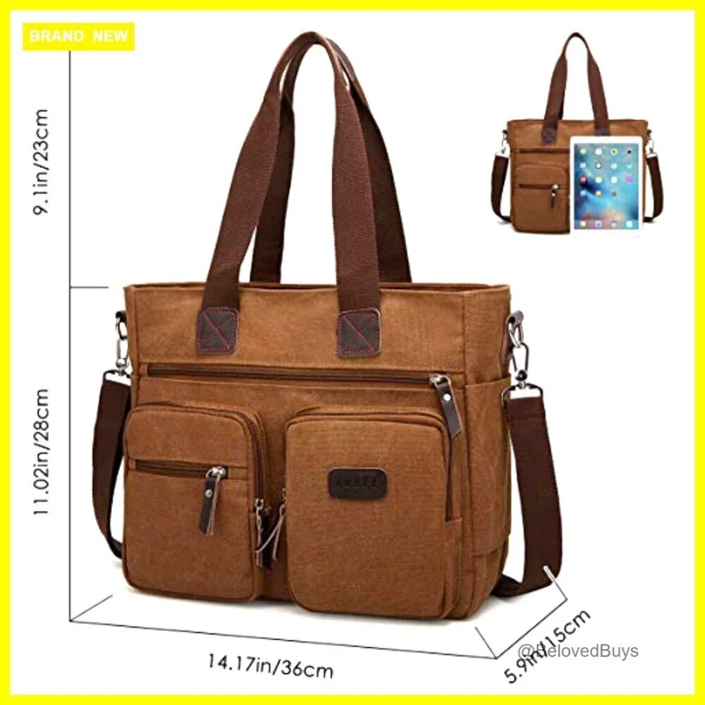Canvas Satchel Tote with Adjustable Strap, Multiple Pockets, Work Travel Bag